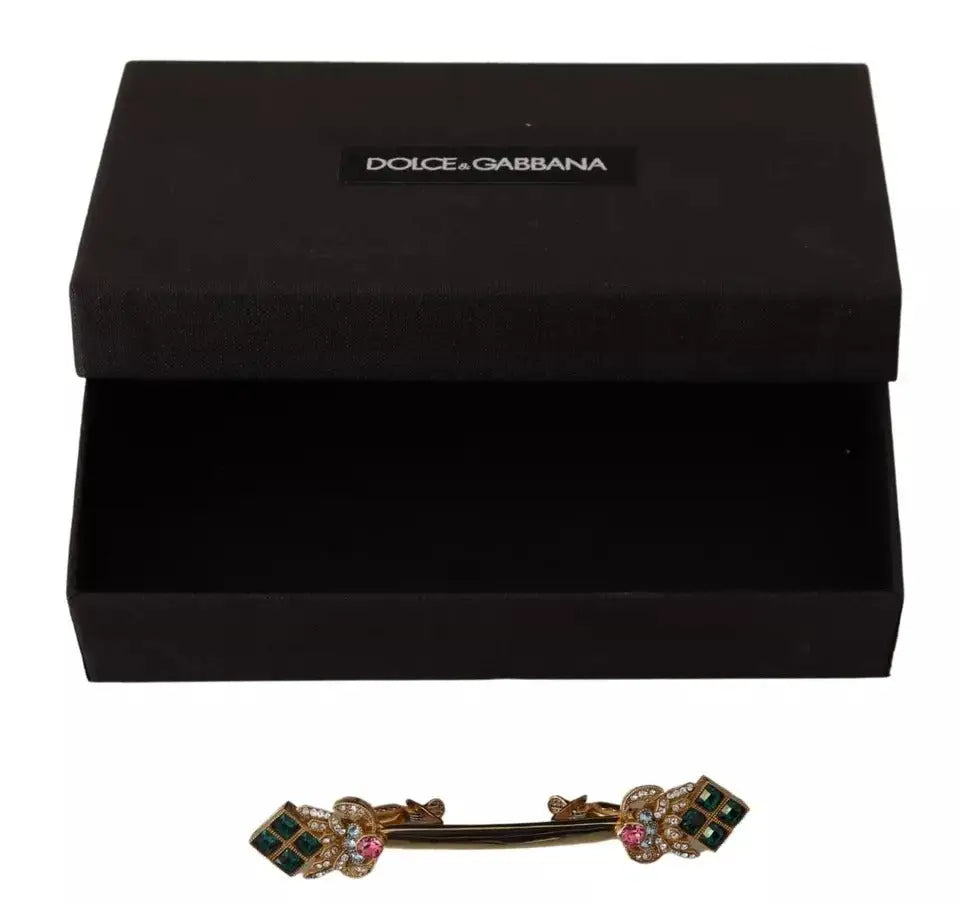Broche dolce & gabbana en argent sterling 925 plaqué or avec clip à cheveux orné de cristaux verts et roses