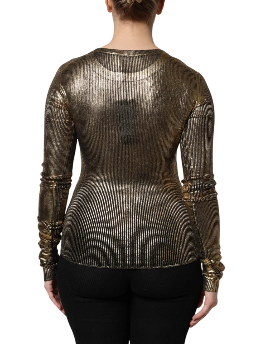 Pull à manches longues dolce & gabbana en maille côtelée dorée brillante avec silhouette ajustée et poignets roulés
