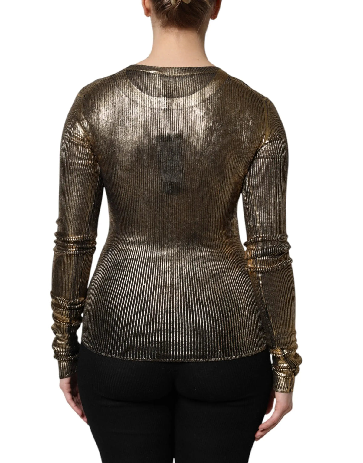 Pull à manches longues dolce & gabbana en maille côtelée dorée brillante avec silhouette ajustée et poignets roulés