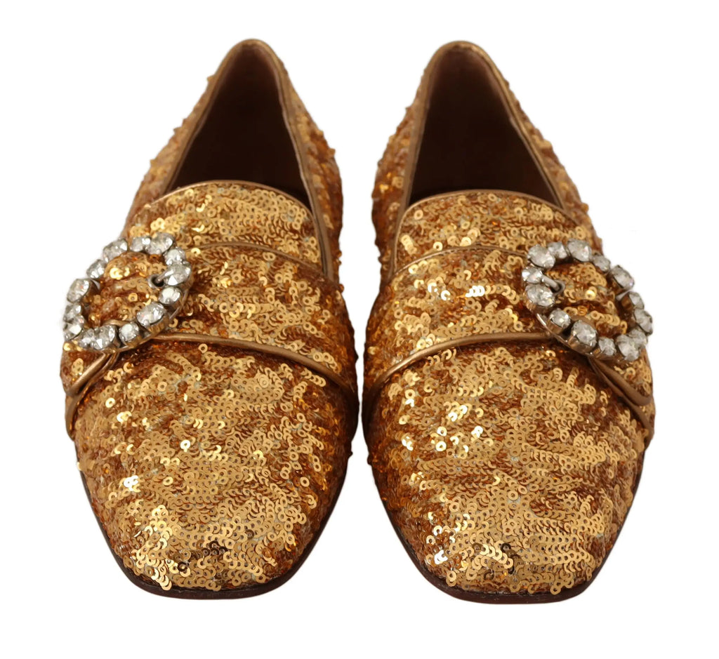 Dolce & gabbana gold sequin loafers with sparkling diamond-encrusted buckle for women