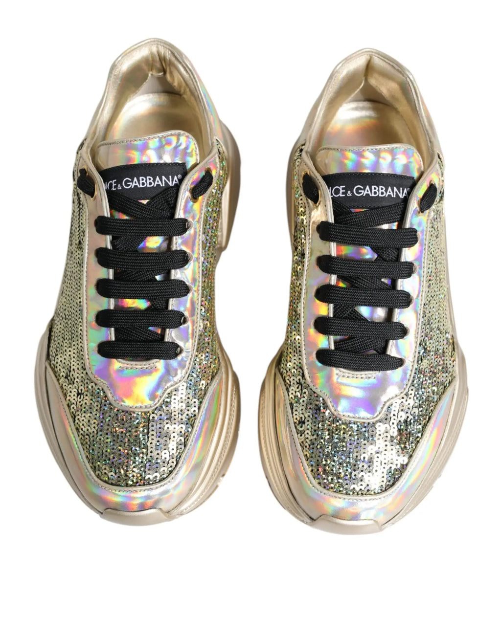 Baskets dolce & gabbana daymaster en sequins iridescents or avec lacets noirs et semelle métallique dorée