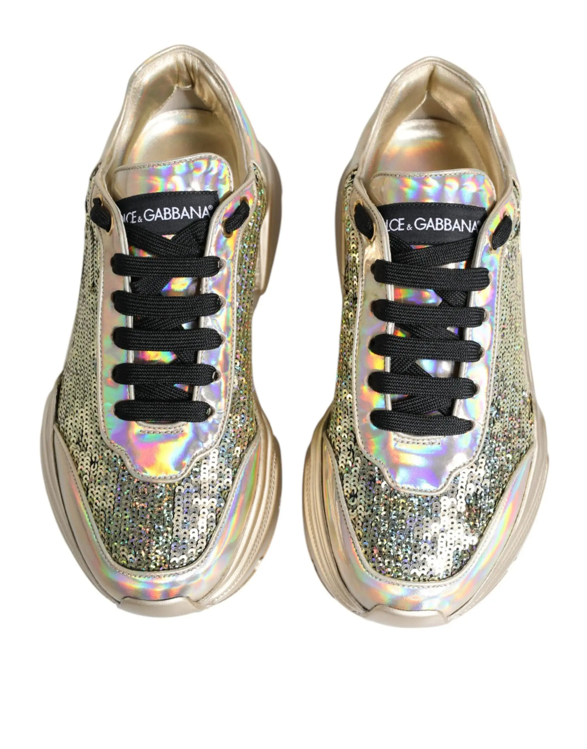 Baskets dolce & gabbana daymaster en sequins iridescents or avec lacets noirs et semelle métallique dorée