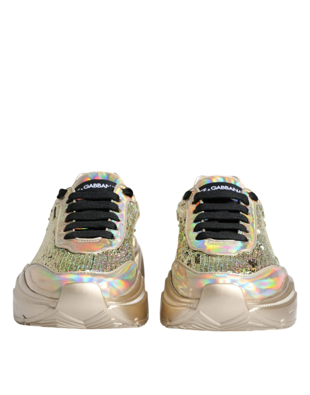 Baskets dolce & gabbana daymaster en sequins irisés dorés avec semelle métallique épaisse et lacets noirs