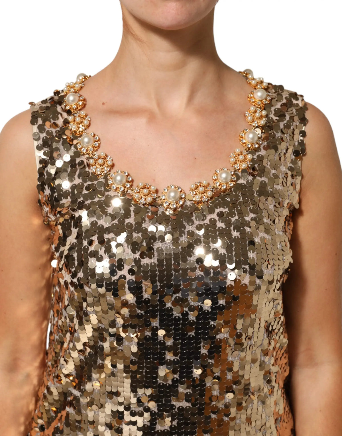 Robe droite mini en nylon or avec sequins brillants et col décoré de perles et fleurs métalliques dolce & gabbana