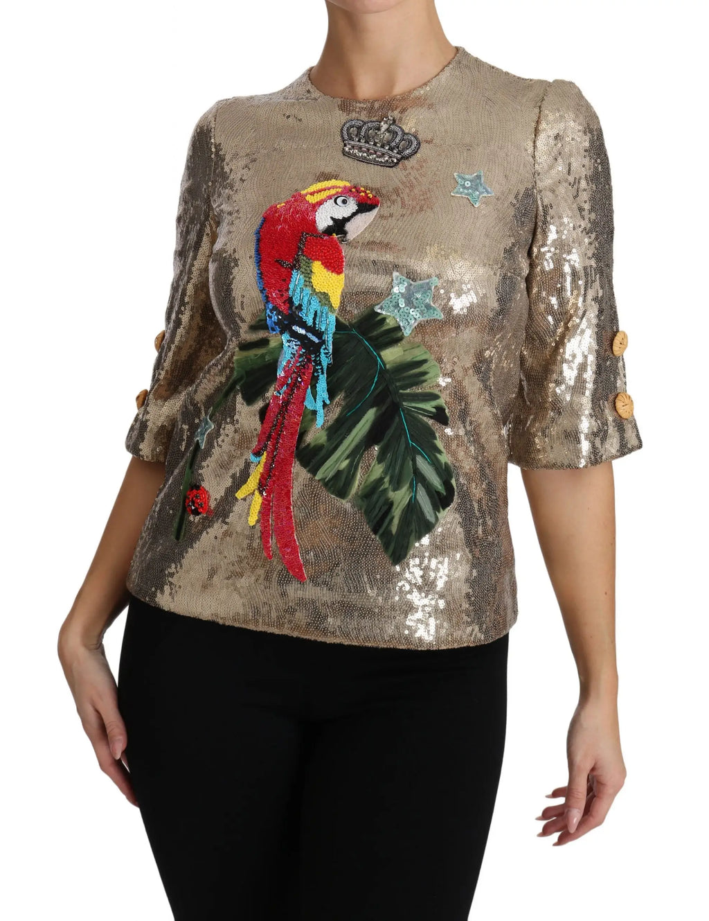 Blouse dolce & gabbana en sequins or avec motif perroquet tropical feuille couronne et étoiles en cristaux