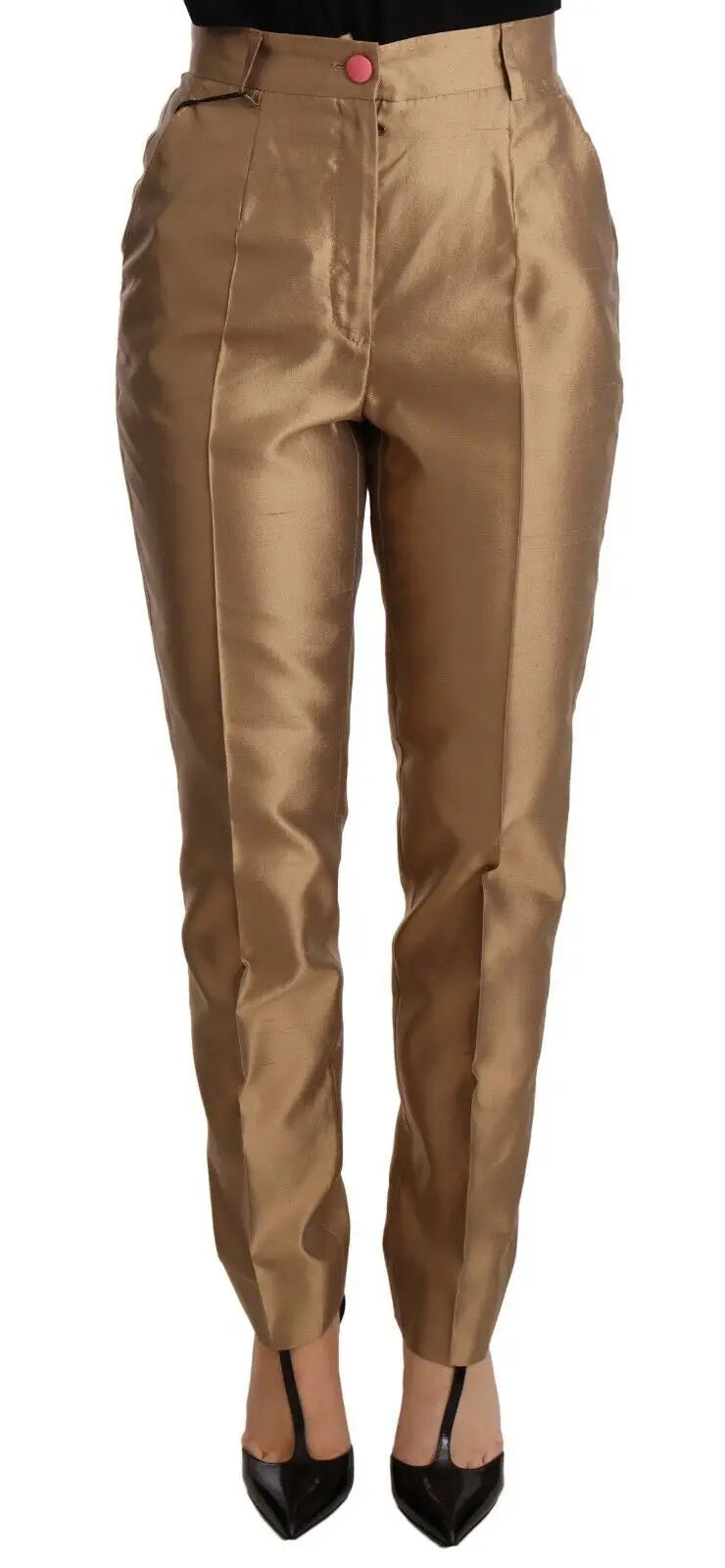 Pantalon doré en satin de soie dolce & gabbana taille haute avec fermeture bouton rose unique