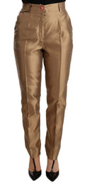 Pantalon doré en satin de soie dolce & gabbana taille haute avec fermeture bouton rose unique