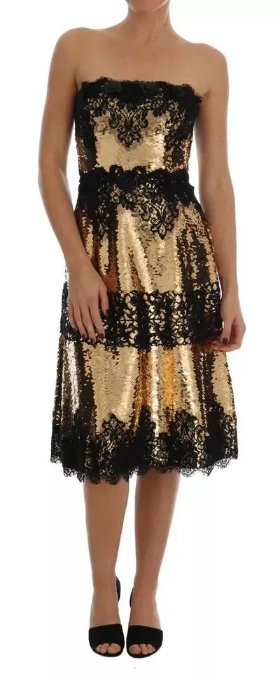 Robe sans bretelles dolce & gabbana en sequins or et noir avec détails en dentelle délicate