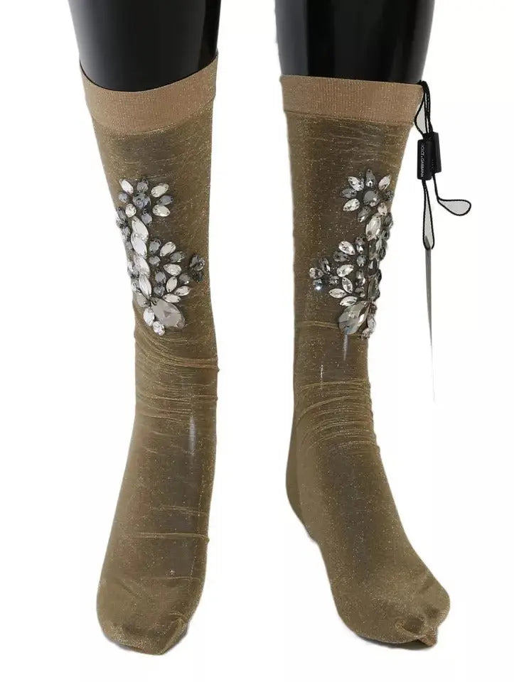 Chaussettes velours olive dolce & gabbana avec grappes florales en cristaux clairs étirables dorés