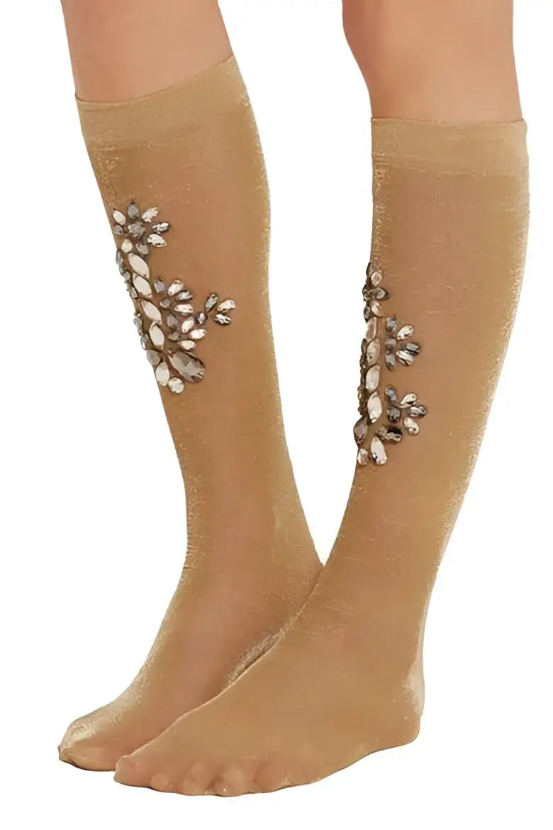Beige chaussettes montantes scintillantes dolce gabbana avec embellissements floraux en cristal clair et argenté
