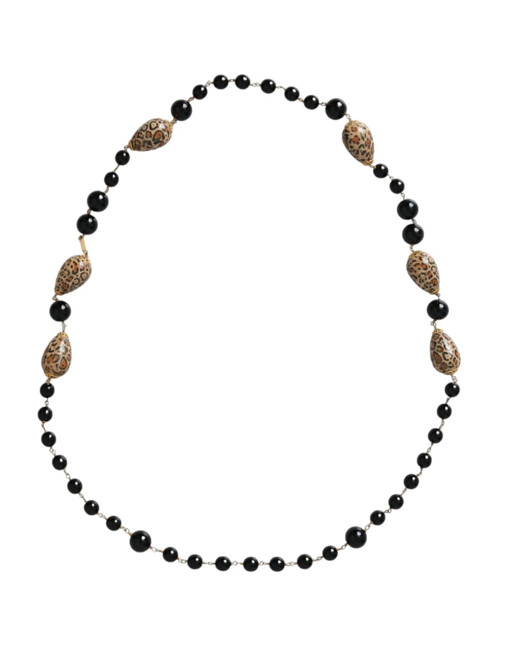 Collier long en laiton doré dolce & gabbana avec perles noires imprimé léopard élégantes alternant rondes et goutte