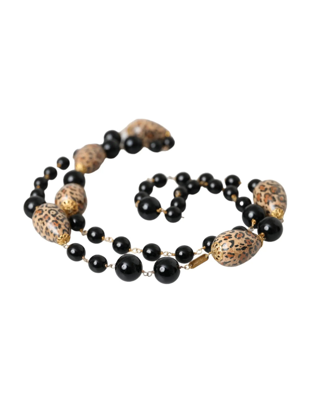 Collier long en laiton doré dolce & gabbana avec perles noires alternant des pendentifs imprimé léopard