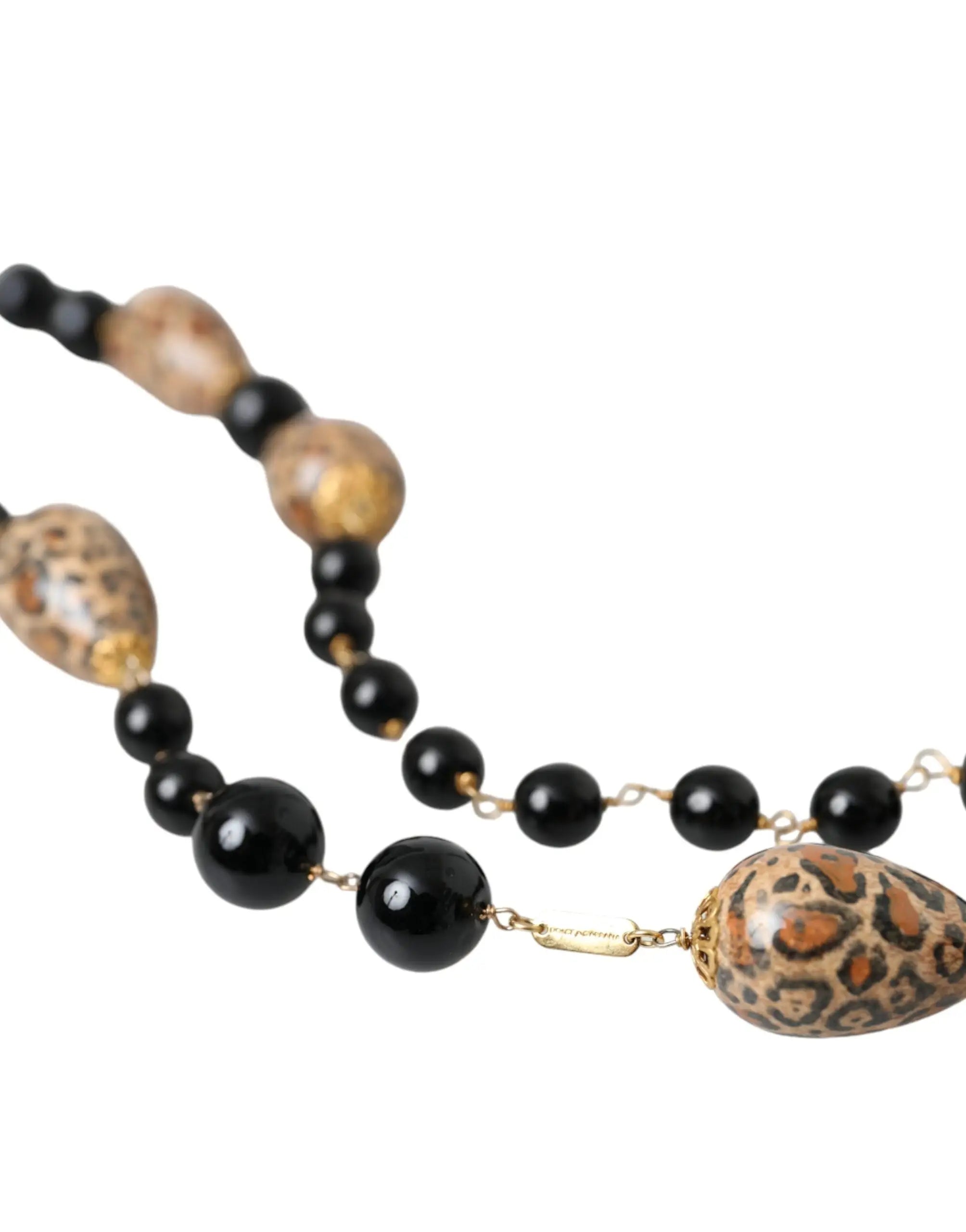 Collier long dolce & gabbana en laiton doré avec perles noires brillantes et grosses perles imprimé léopard