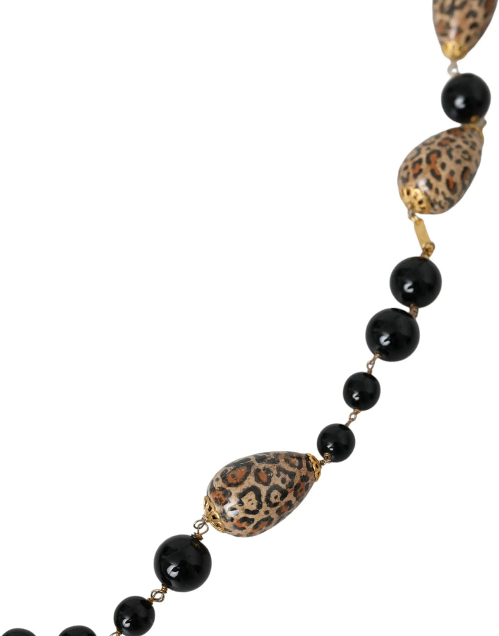 Collier long en laiton doré dolce gabbana avec perles noires brillantes et gouttes imprimées léopard alternées