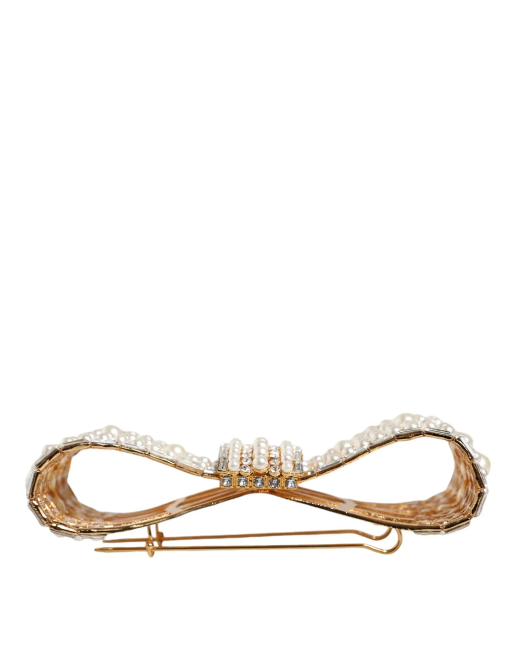 Broche dolce & gabbana en laiton doré en forme de noeud ornée de cristaux clairs et de perles blanches décoratives