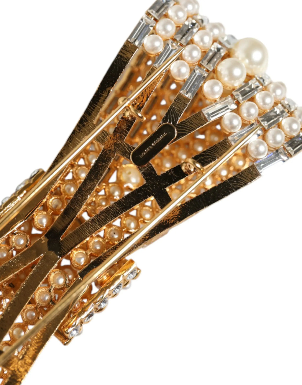 Bracelet jonc doré orné de rangées de perles rondes et de cristaux taille baguette clear dolce & gabbana