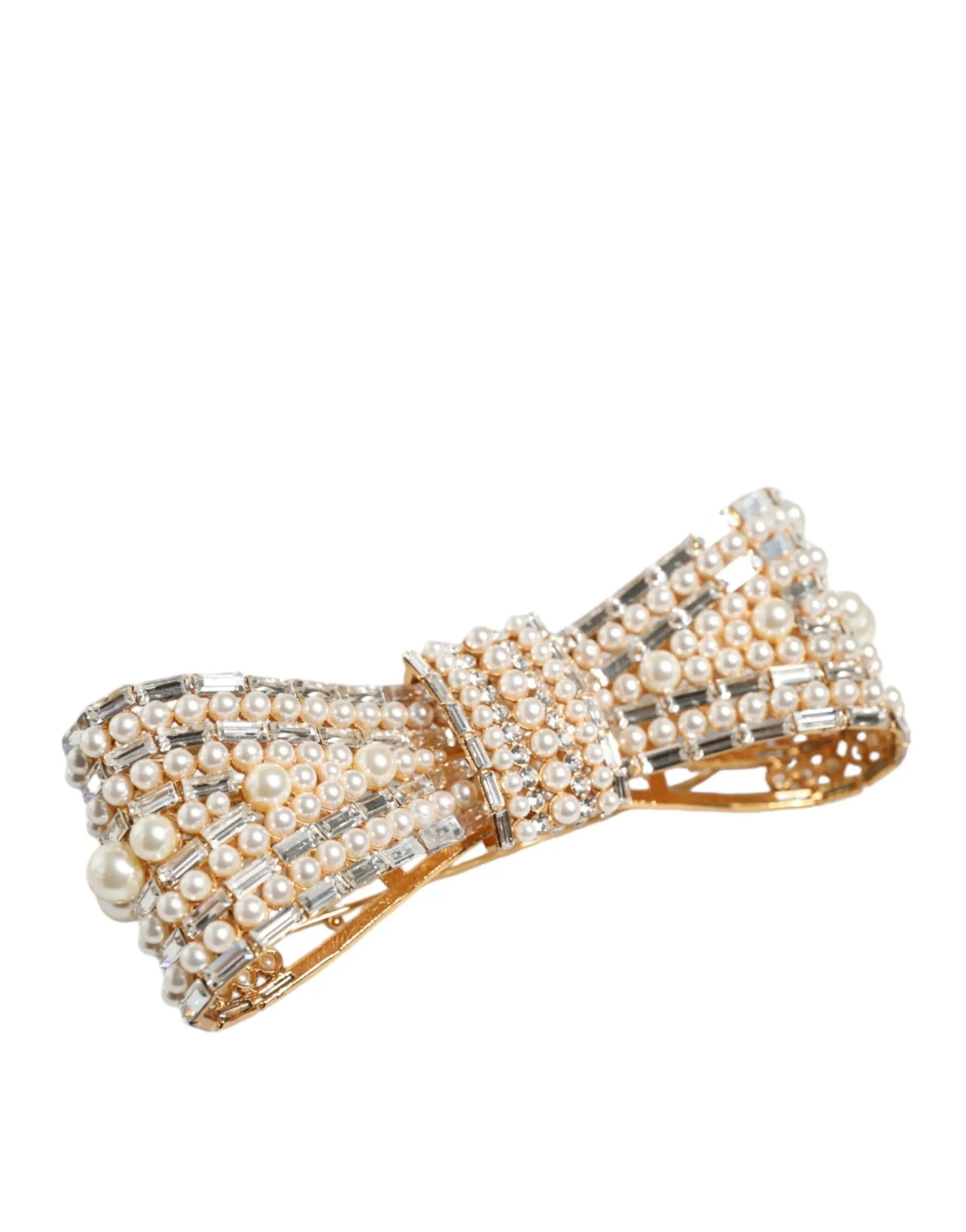 Broche dolce & gabbana en laiton doré en forme de nœud ornée de perles fines et de cristaux rectangulaires clairs