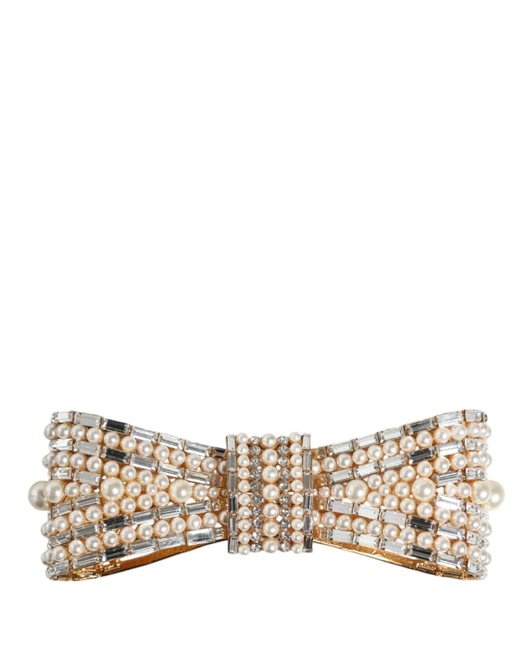 Boucle de ceinture en laiton doré dolce & gabbana en forme de noeud ornée de perles crème et cristaux baguette transparents