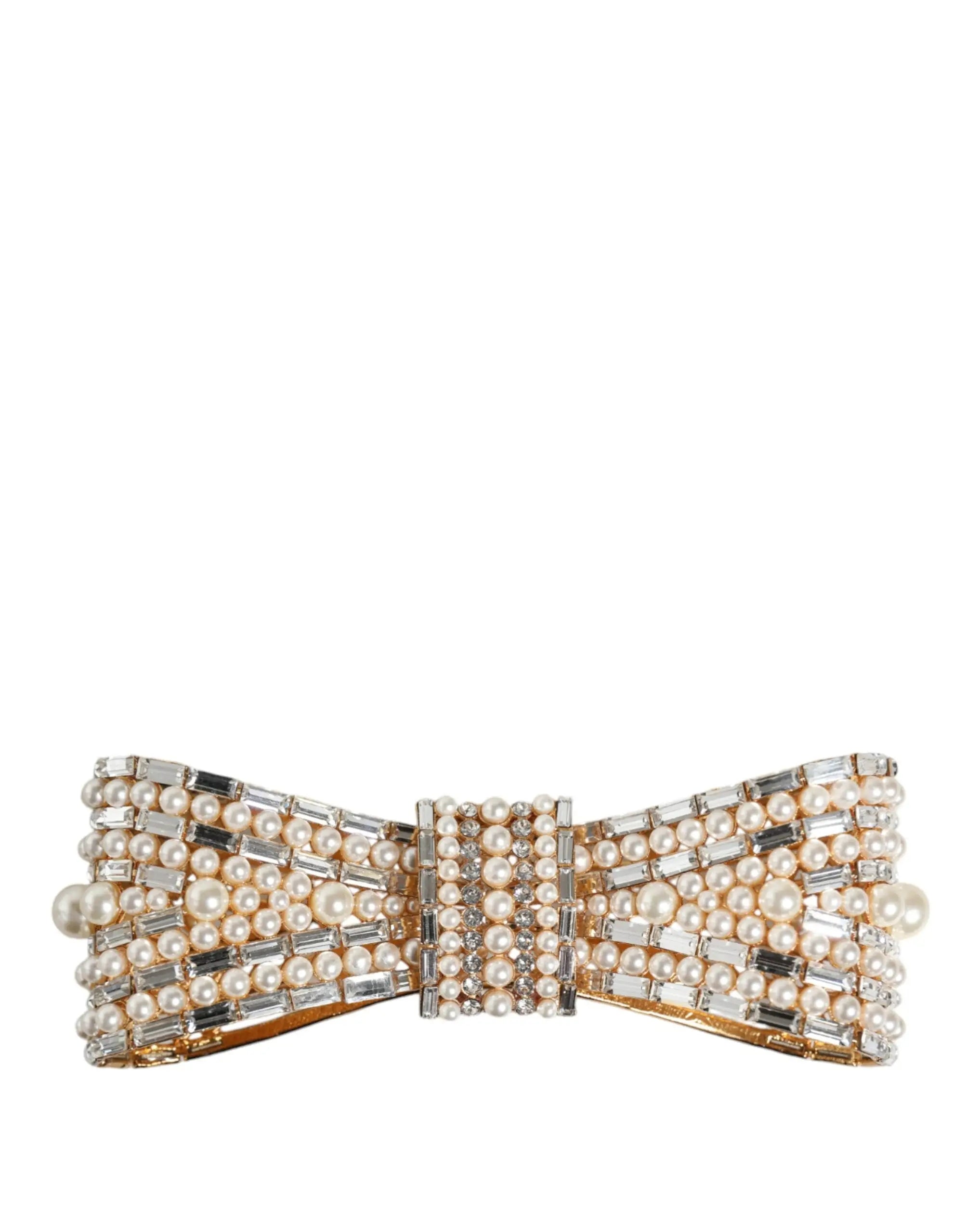 Boucle de ceinture en laiton doré dolce & gabbana en forme de noeud ornée de perles crème et cristaux baguette transparents