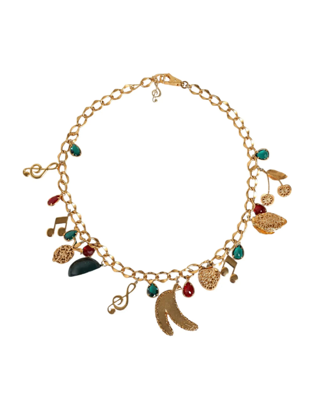 Chaîne de taille en laiton doré dolce & gabbana ornée de charms fruités et notes de musique en cristaux rouges et verts