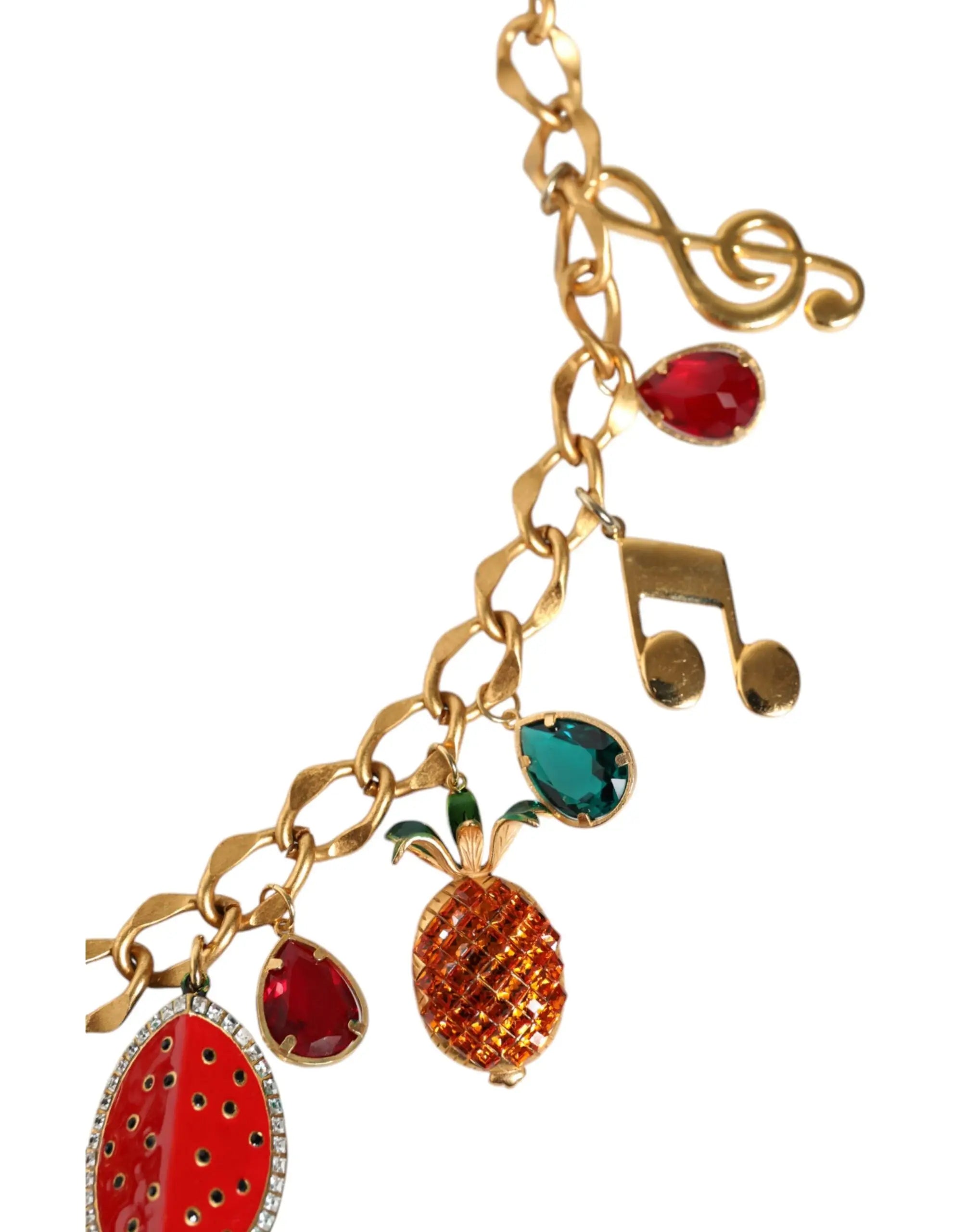 Dolce & gabbana ceinture taille chaîne en laiton doré avec pendentifs fruités et cristaux rouge et bleu canard