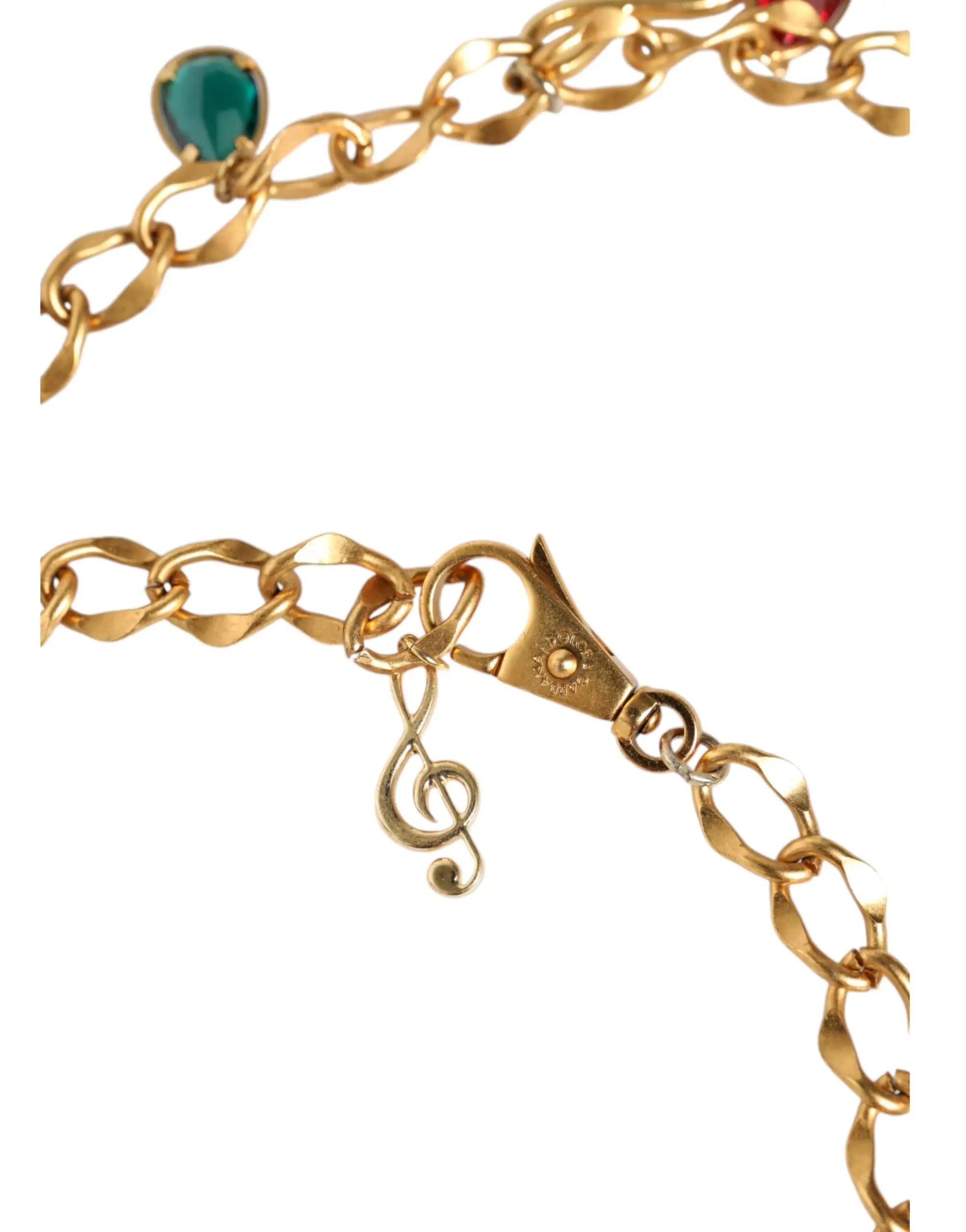 Dolce & gabbana ceinture chaîne en laiton doré avec pendentif note de musique et pierre précieuse turquoise en forme de goutte