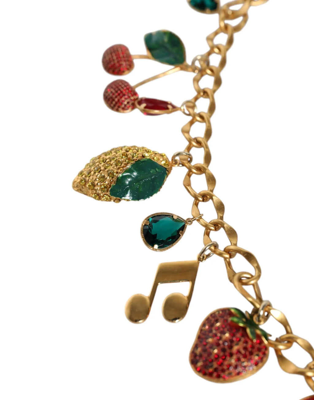 Chaîne de taille en laiton doré dolce & gabbana ornée de breloques fruitées et musicales colorées et brillantes