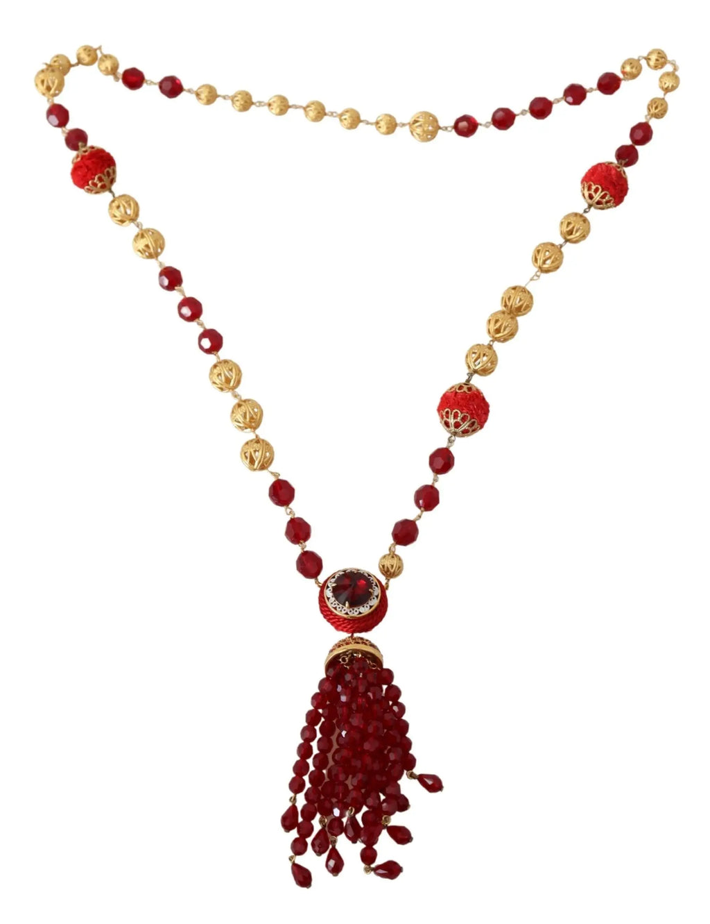 Collier opera dolce & gabbana en laiton finition or avec perles rouges et pendentif tassel à cristaux pendants
