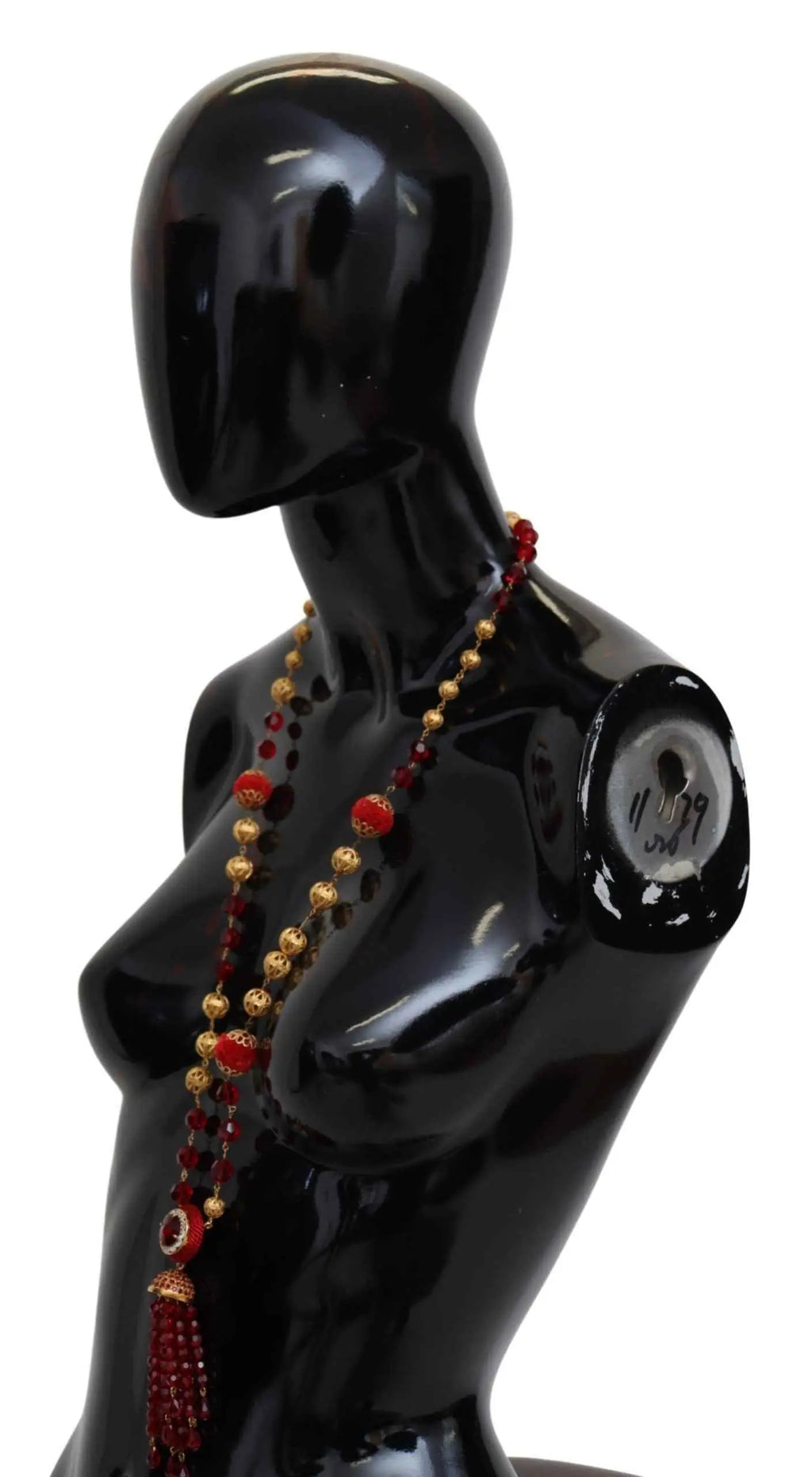 Dolce & gabbana collier en chaîne opéra en laiton doré avec cristaux rouges perles et pendentif à pompon
