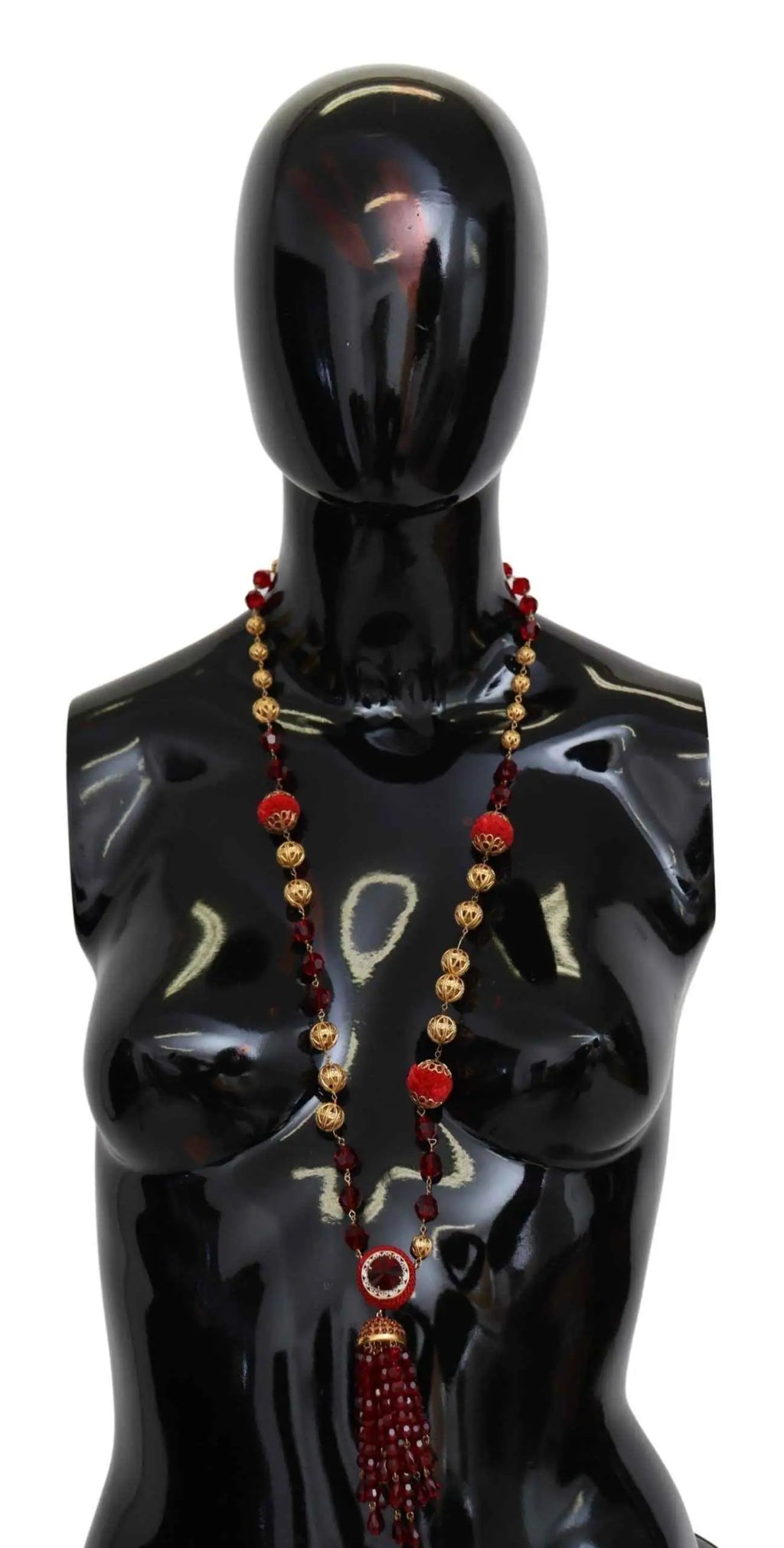 Collier opera dolce & gabbana en laiton doré avec cristaux rouges et pendentif à pampille en perles rouges et or