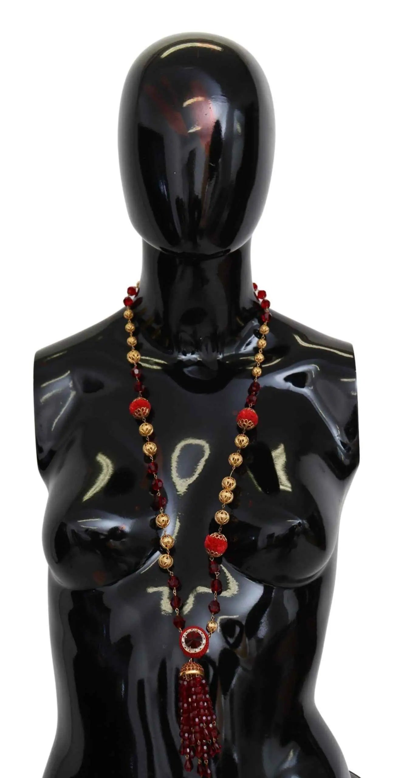 Collier opera dolce & gabbana en laiton doré avec cristaux rouges et pendentif à pampille en perles rouges et or