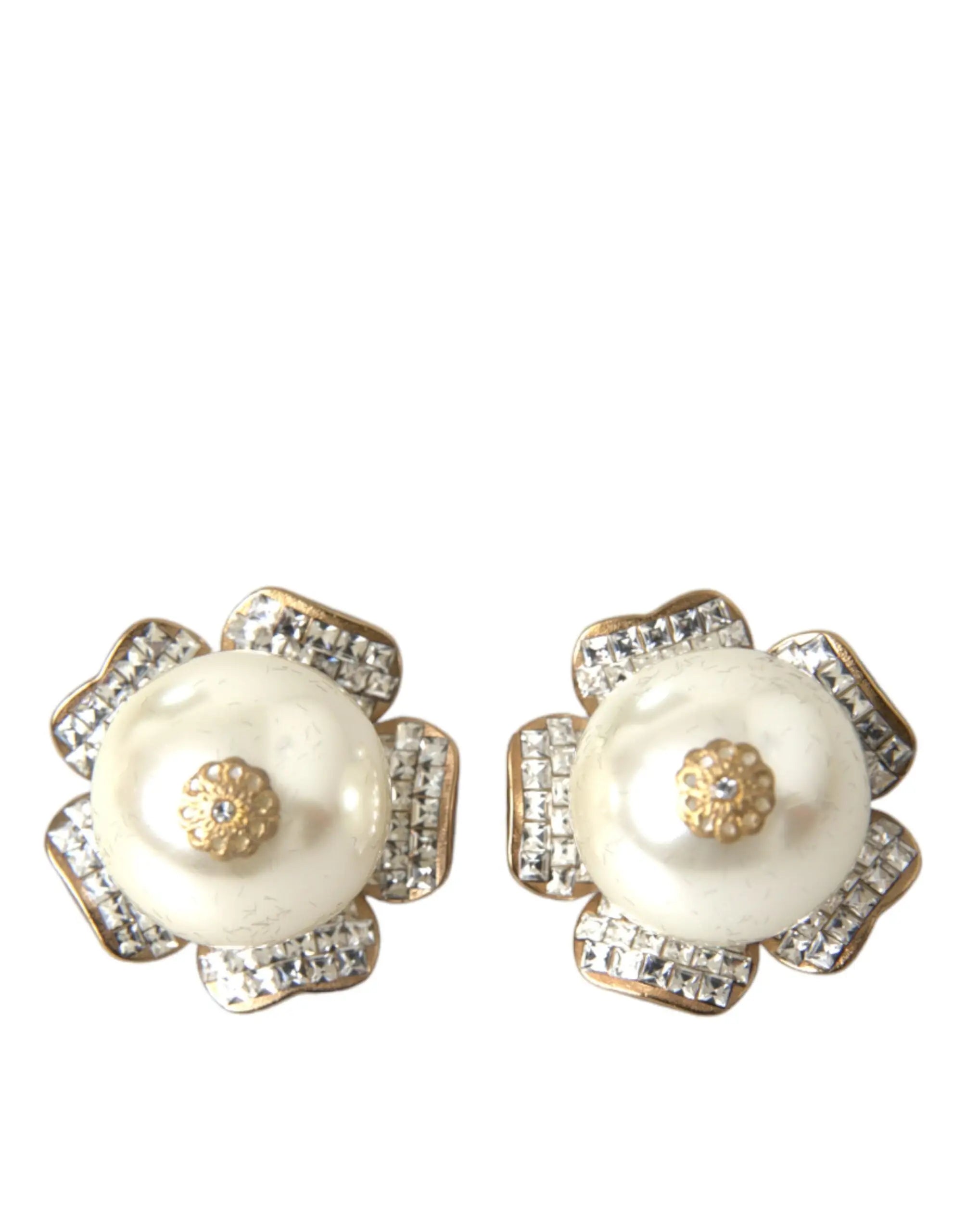 Boucles doreilles clip Dolce & Gabbana à fleurs maxi en perles blanches et centre doré avec pétales en cristal scintillant