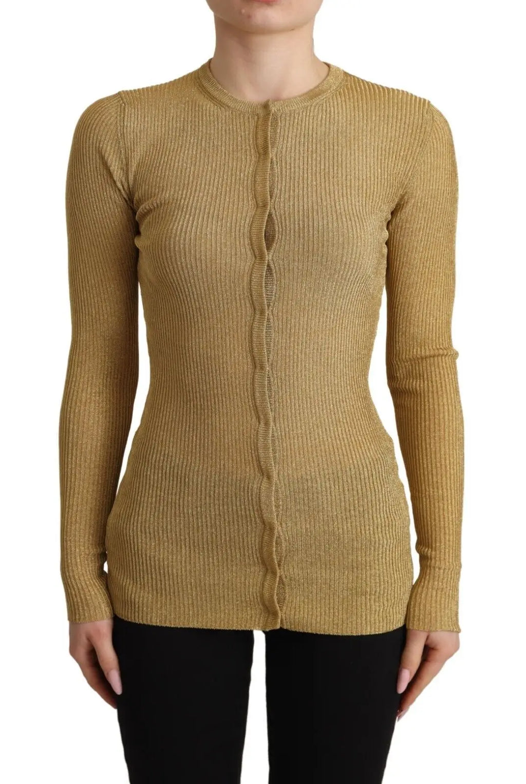 Cardigan dolce & gabbana en maille côtelée jaune moutarde avec boutons en viscose dorée et volants centraux