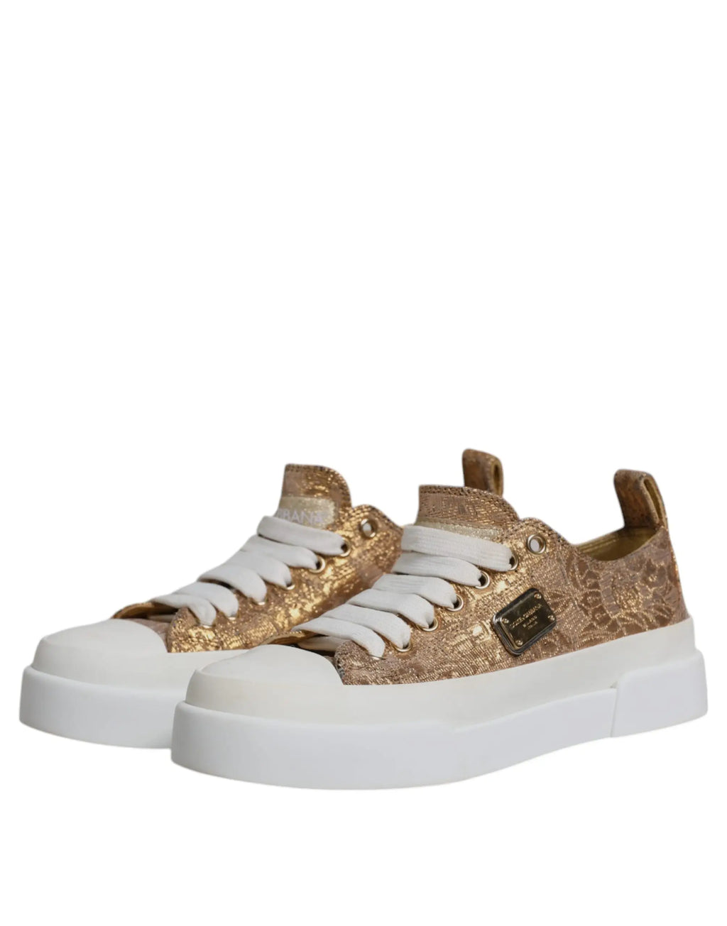 Baskets basses Dolce & Gabbana dorées avec lacets blancs semelles en caoutchouc et motif floral métallique