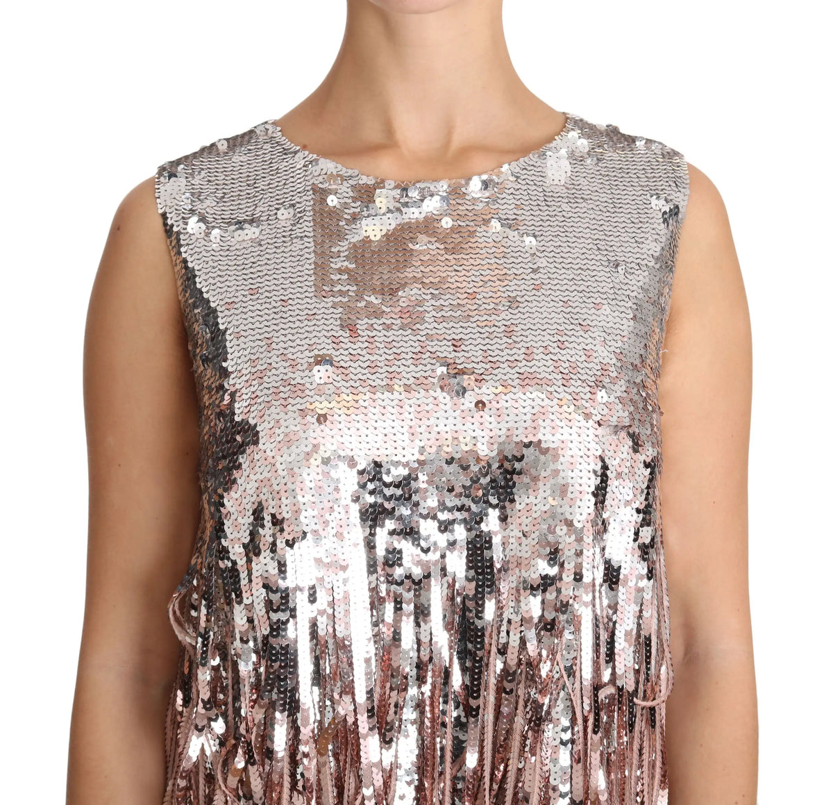 Dolce & Gabbana golden pink sequined fringe tank top with cascading silver rose gold and black sequins