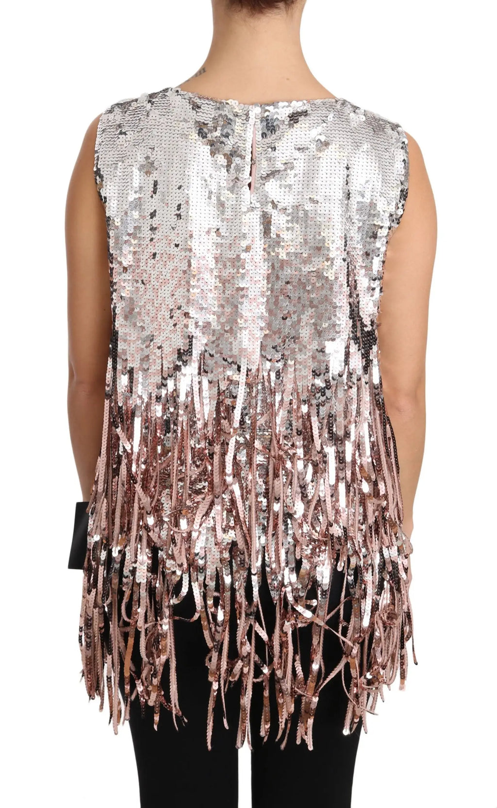 Top sans manches dolce & gabbana en sequins argentés et rose doré avec franges en cascade