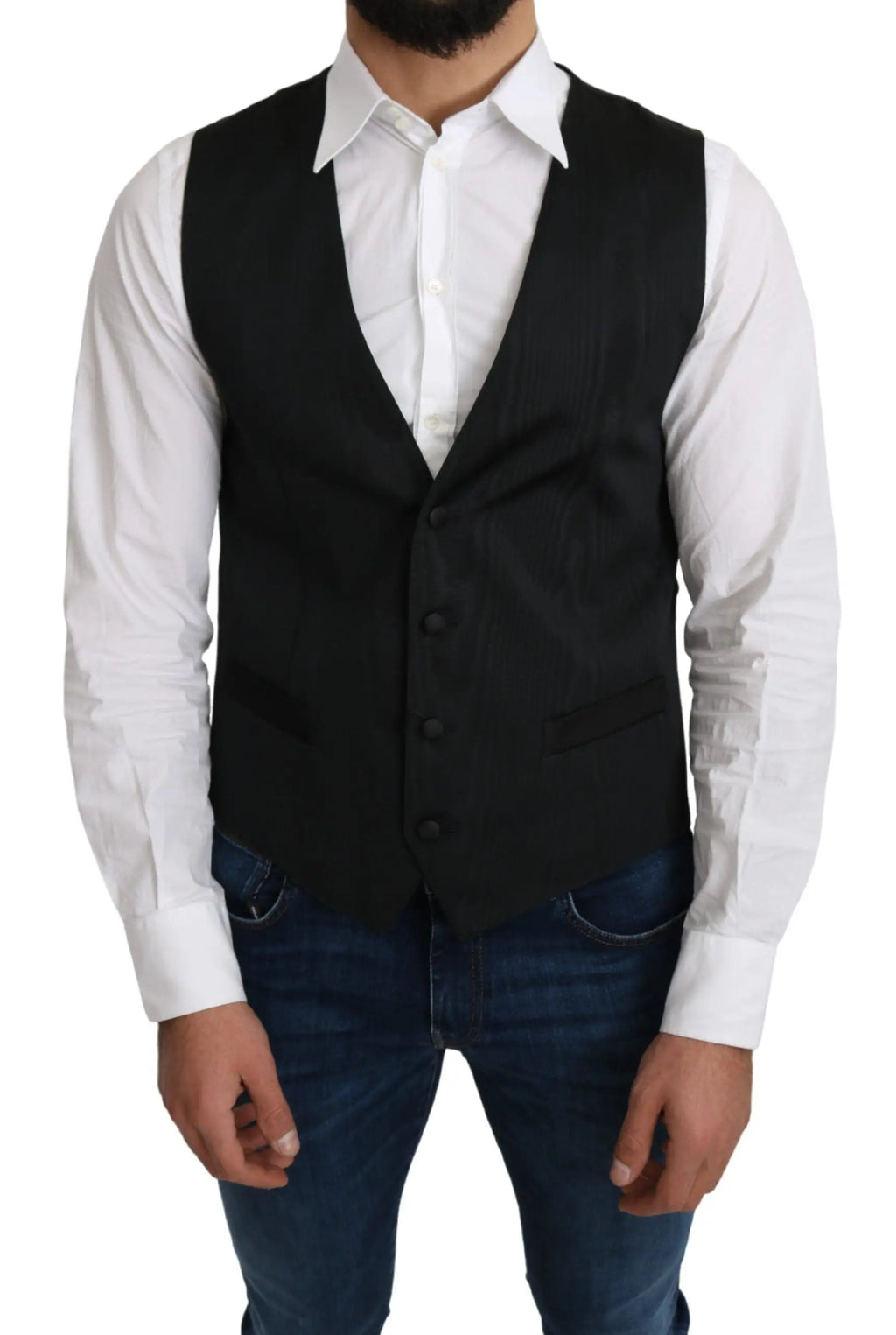 Dolce & gabbana gray 100% silk formal coat vest noir avec cinq boutons foncés et coupe ajustée