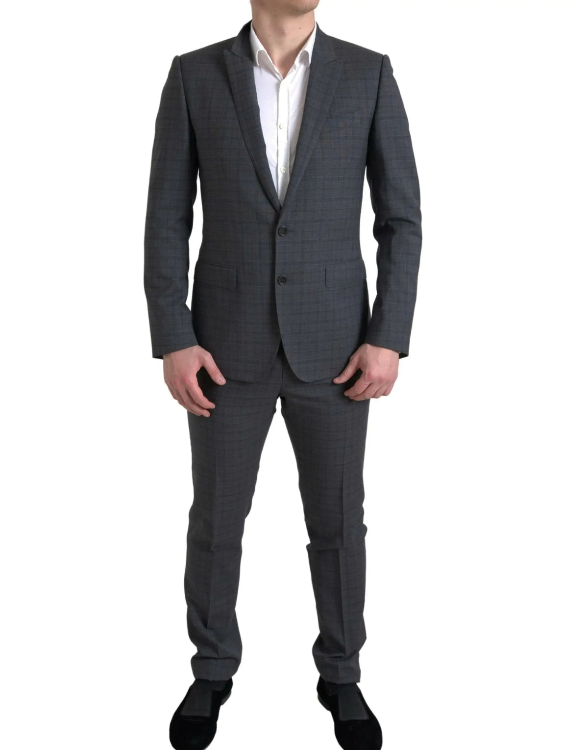 Costume dolce & gabbana gris deux pièces à carreaux subtils avec coupe ajustée et fermeture à deux boutons classique