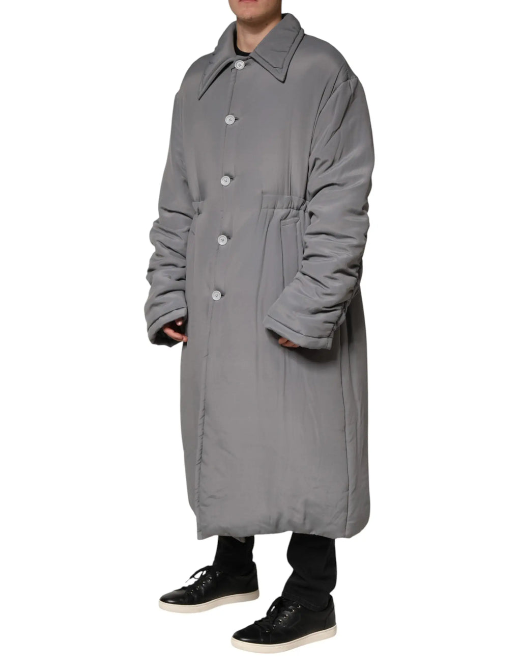 Dolce & gabbana manteau matelassé gris en acétate avec boutons blancs et col, veste élégante et chaude