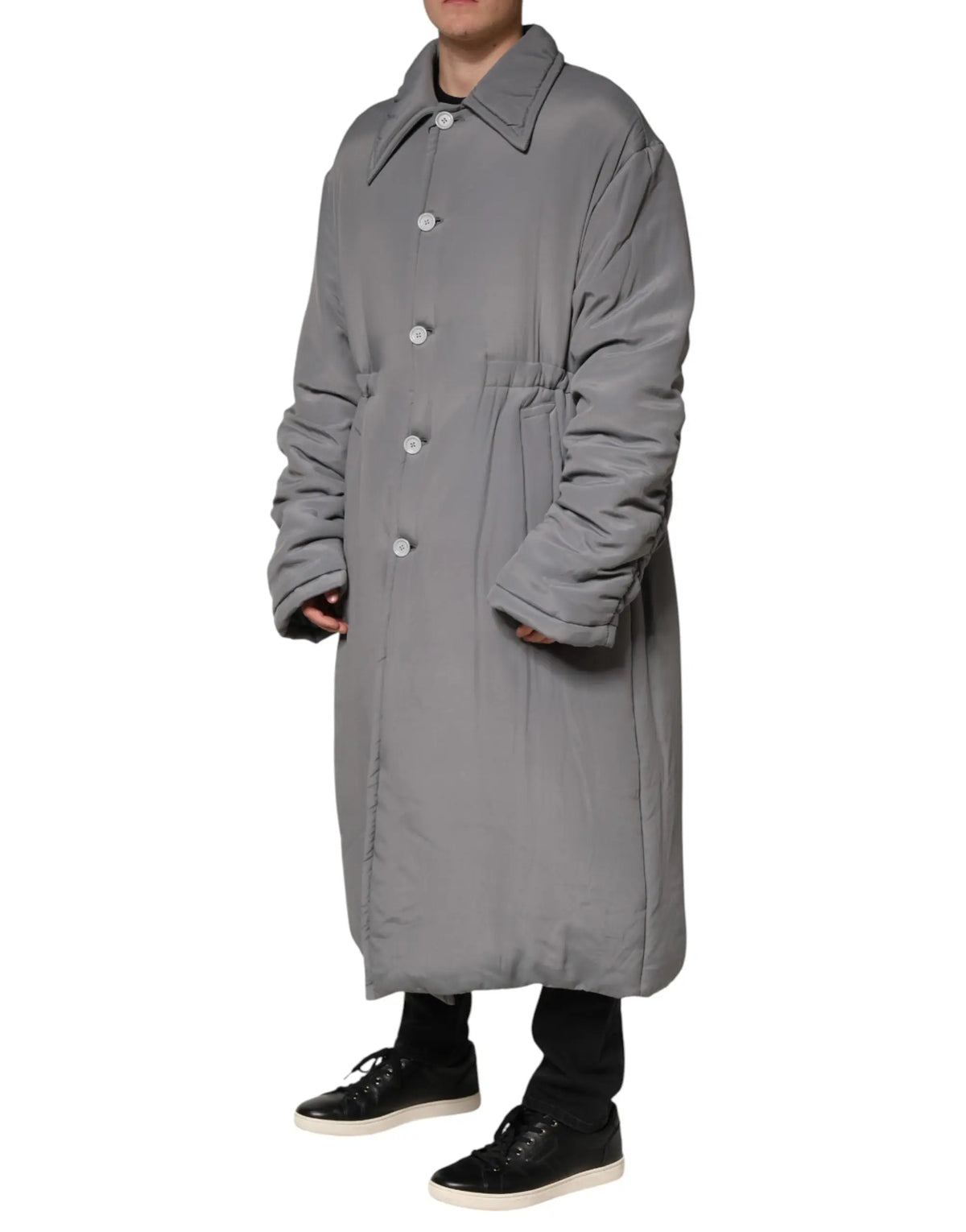 Dolce & gabbana manteau matelassé gris en acétate avec boutons blancs et col, veste élégante et chaude
