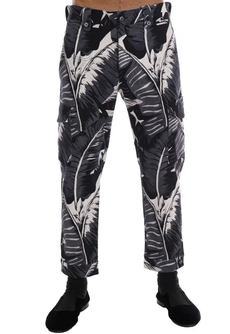 Pantalon cargo gris dolce & gabbana en coton avec motif feuilles de bananier noir et blanc et coupe décontractée