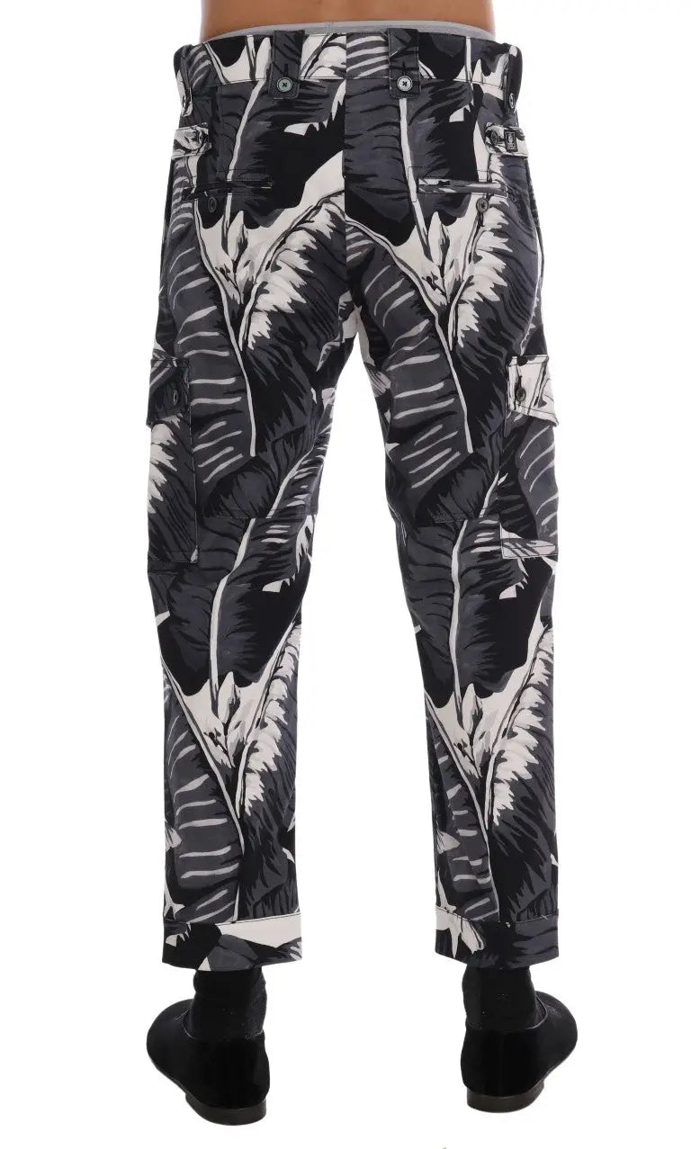 Pantalon cargo dolce gabbana gris en coton avec imprimé feuilles tropicales noir et blanc