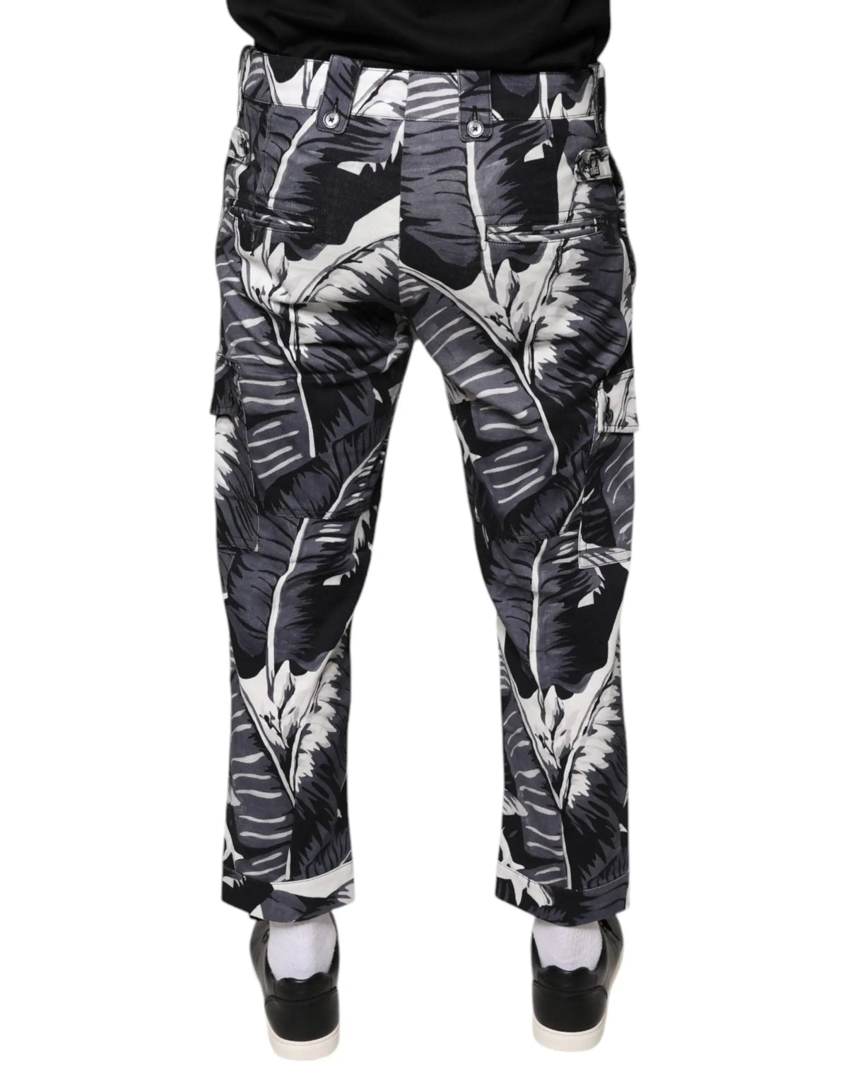 Pantalon cargo capri gris dolce & gabbana en coton stretch avec motif feuilles de bananier tropical noir et blanc