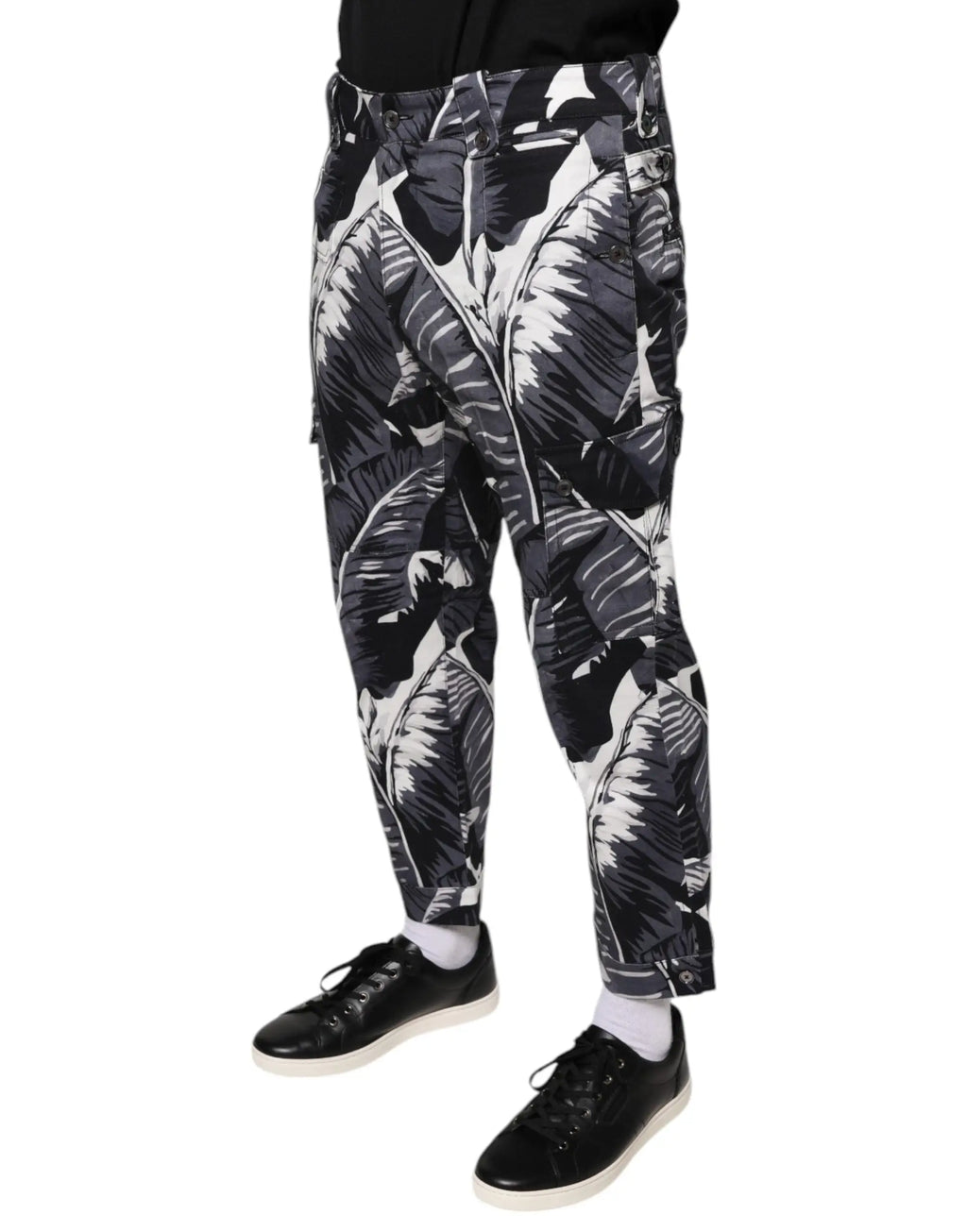 Pantalon capri cargo dolce & gabbana gris avec motif feuilles de bananier noir et blanc en coton stretch