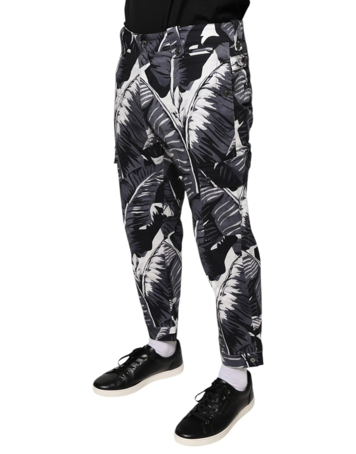 Pantalon capri cargo dolce & gabbana gris avec motif feuilles de bananier noir et blanc en coton stretch