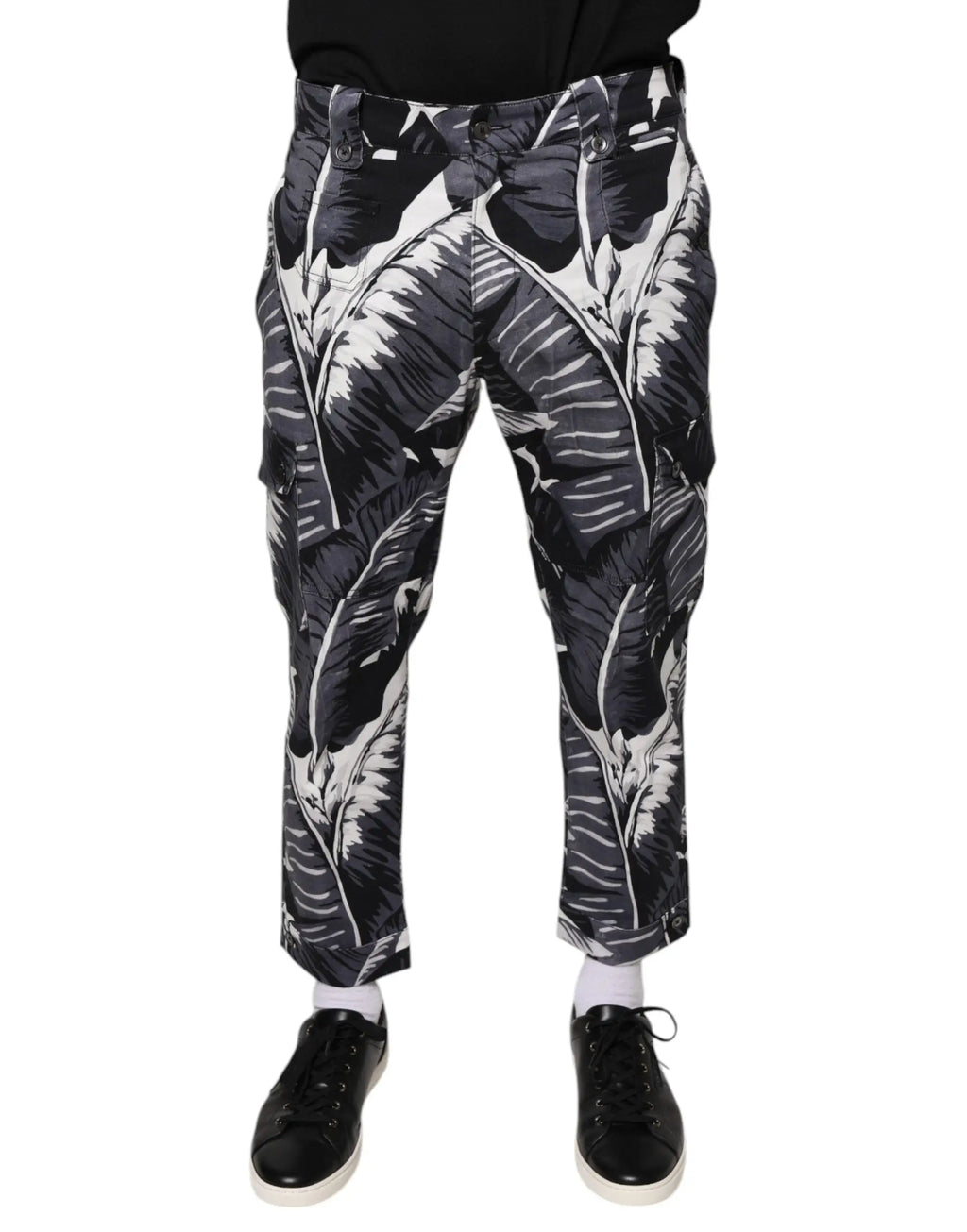 Pantalon capri cargo dolce & gabbana gris motif feuille de bananier en coton stretch avec imprimé tropical noir et blanc