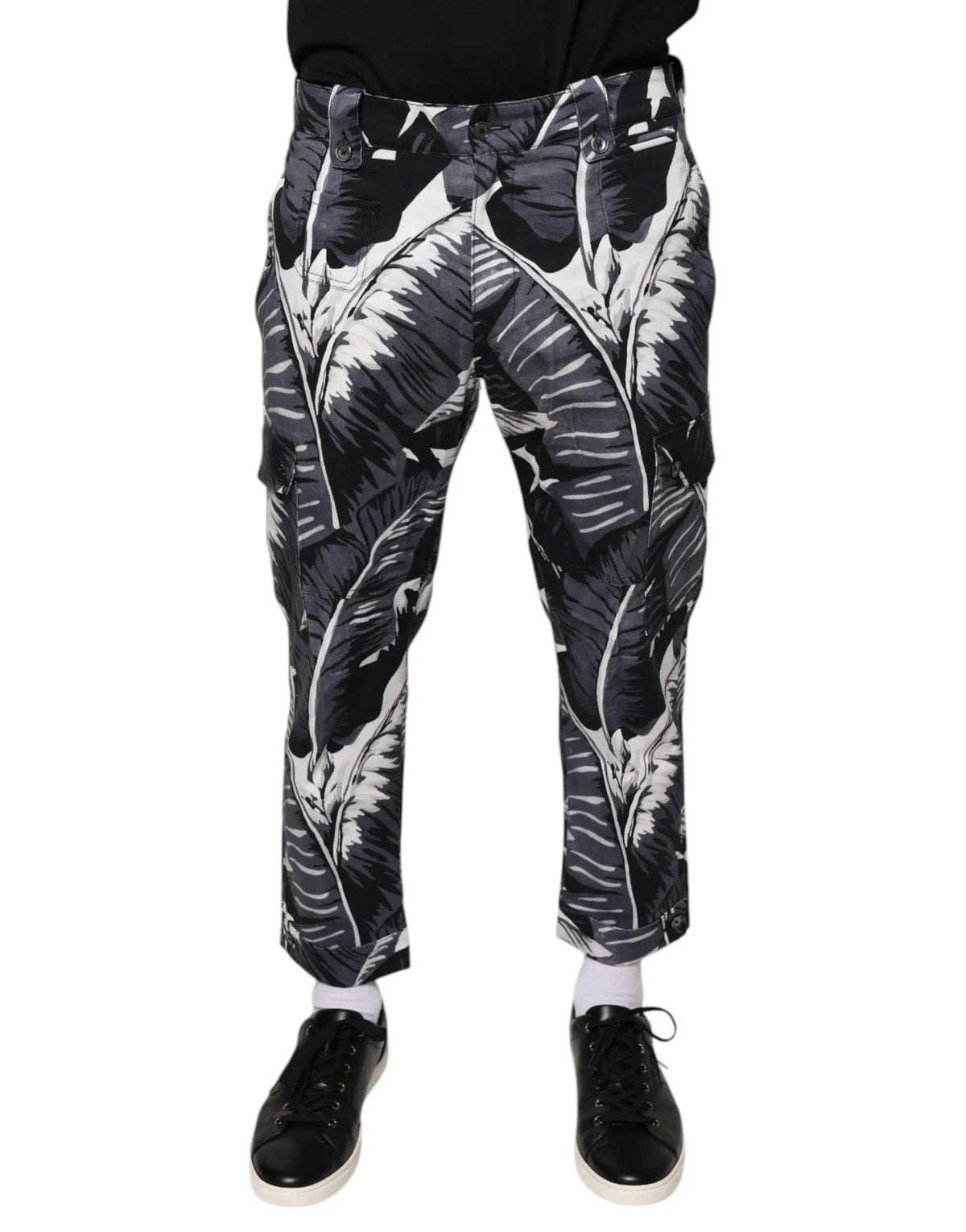 Pantalon capri cargo dolce & gabbana gris motif feuille de bananier en coton stretch avec imprimé tropical noir et blanc