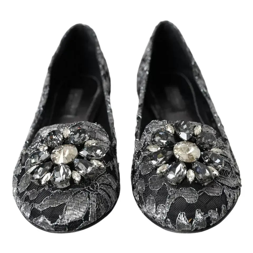Dolce & gabbana ballerines en dentelle noire grise avec grande fleur en cristal sur le bout