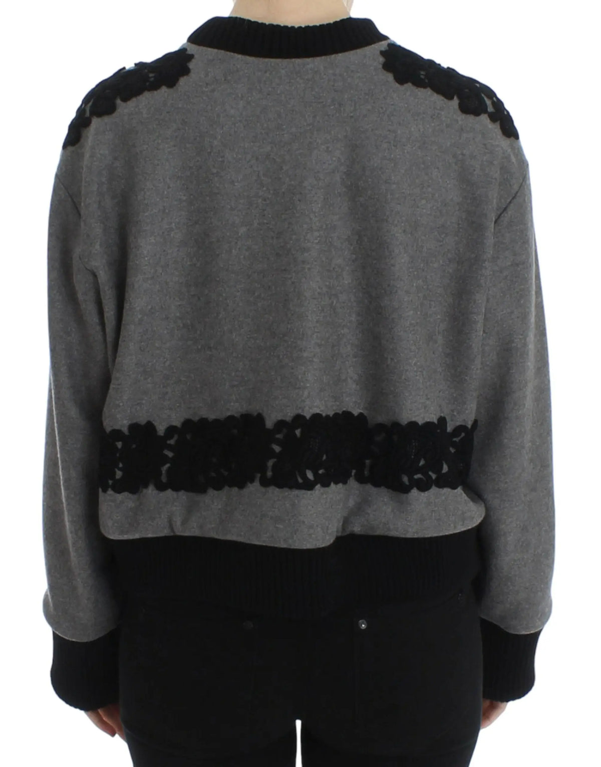 Pull dolce & gabbana gris cropped en laine cachemire avec détails en dentelle noire aux épaules et à la taille