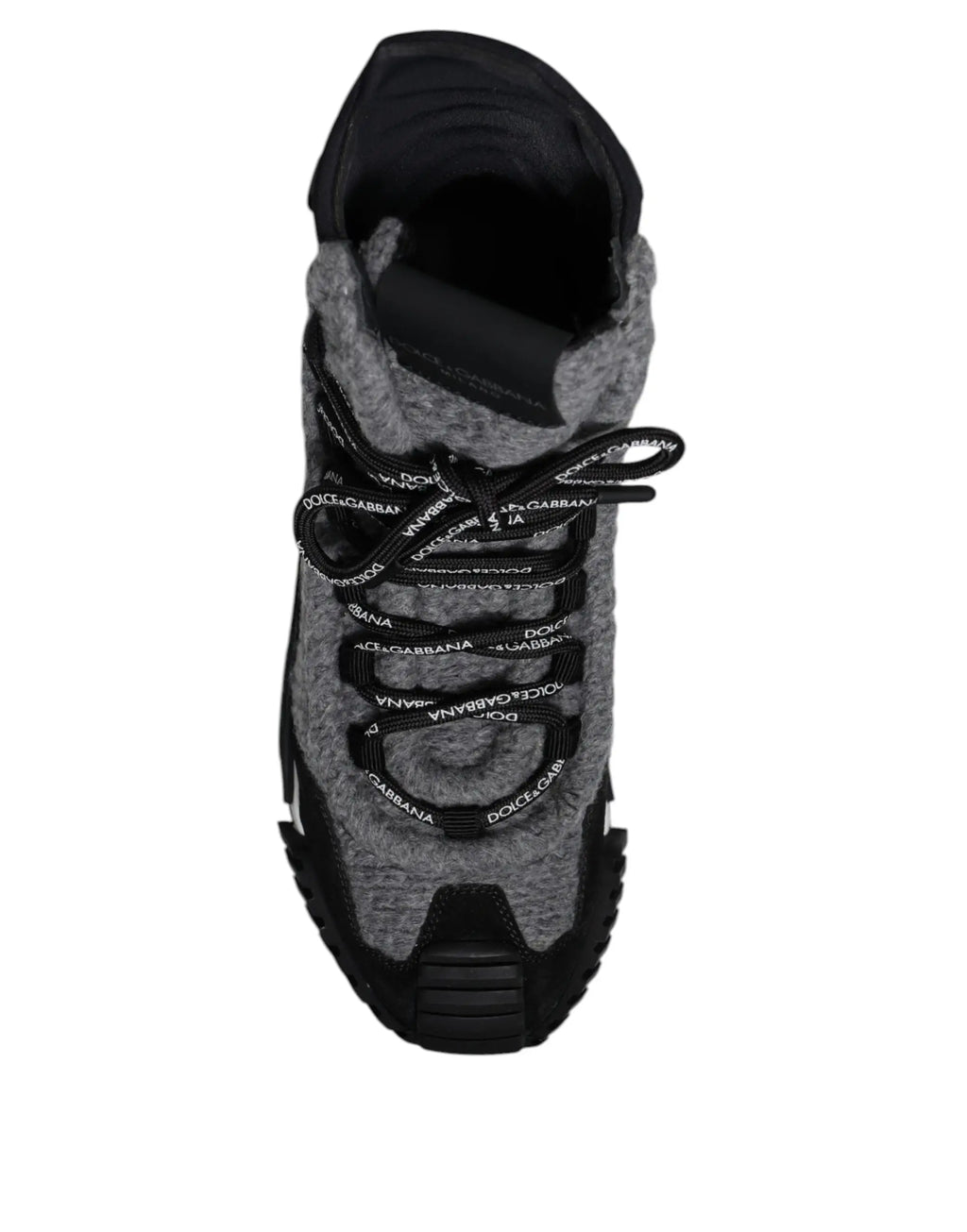 Baskets montantes dolce gabbana gris en laine mélangée avec lacets noirs imprimés et semelle en caoutchouc noire contrastée